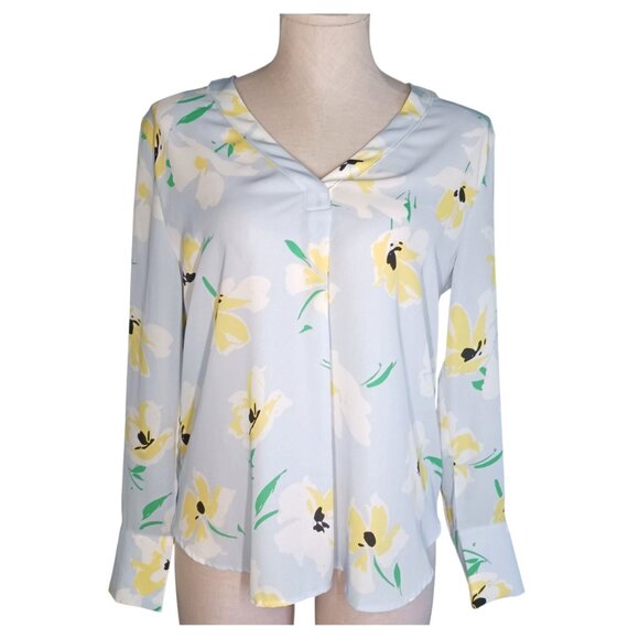 Ann Taylor Petite Small PS Floral Print Light Blue Yellow Top Blouse Floral - Picture 2 of 11